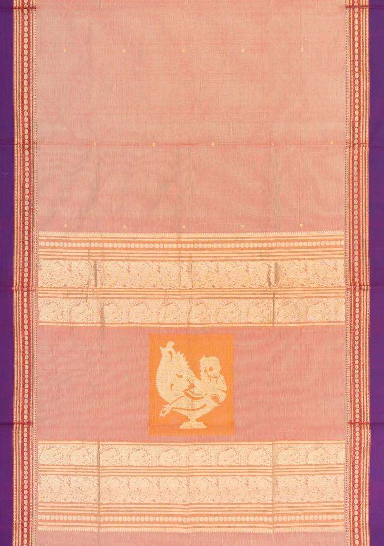 Peach Handloom Silk Cotton Saree With Buttas Contrast Border With Buttas And Brocade Design For Women - Indya