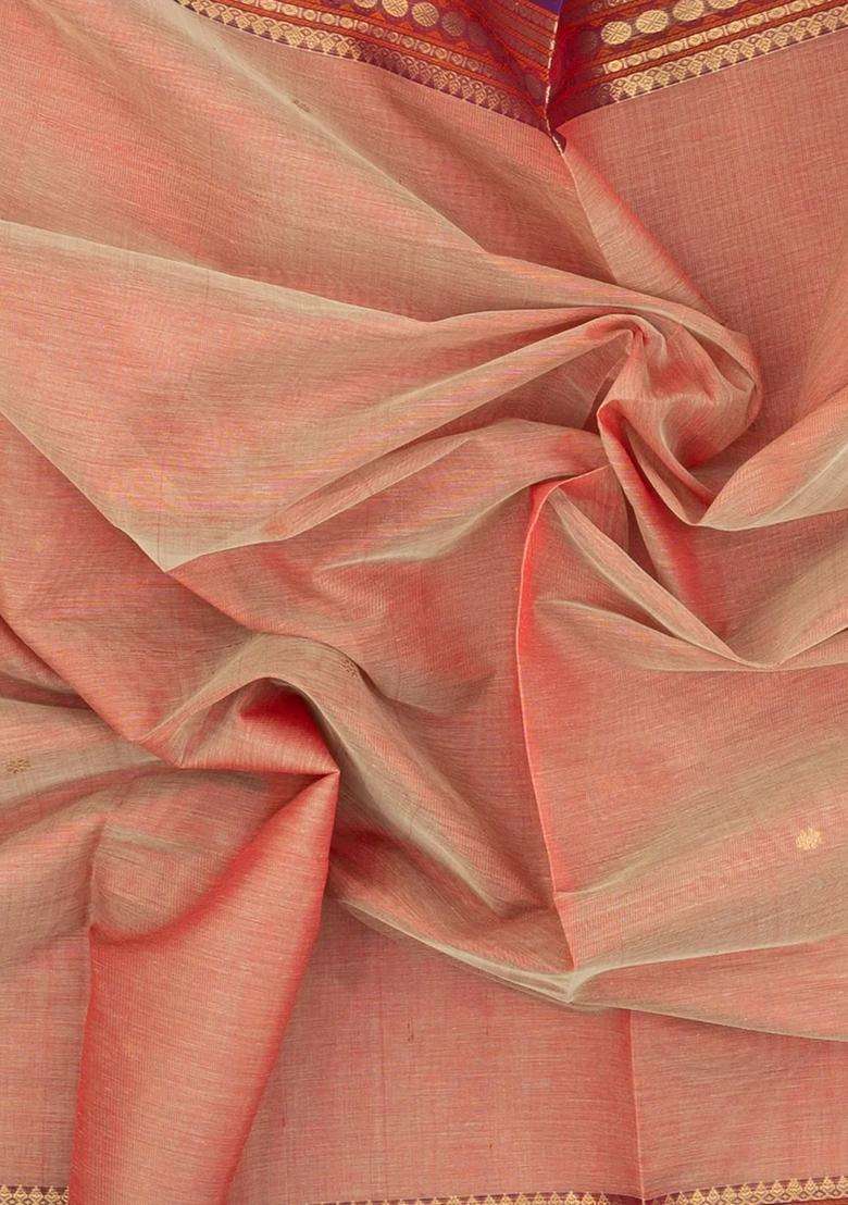 Peach Handloom Silk Cotton Saree With Buttas Contrast Border With Buttas And Brocade Design For Women - Indya