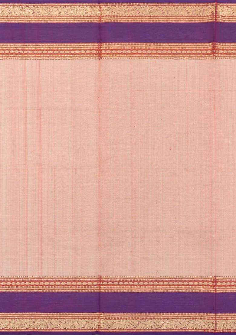 Peach Handloom Silk Cotton Saree With Buttas Contrast Border With Buttas And Brocade Design For Women - Indya