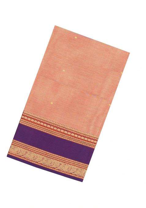 Peach Handloom Silk Cotton Saree With Buttas Contrast Border With Buttas And Brocade Design For Women