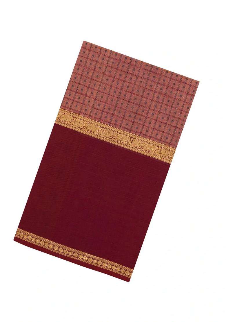 Peach Handloom Muppagam Silk Cotton Saree With Checks Buttas With Buttas And Brocade Design For Women - Indya