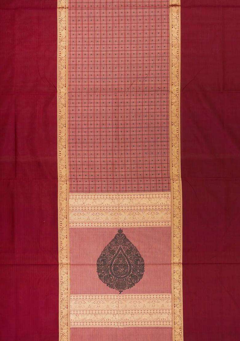 Peach Handloom Muppagam Silk Cotton Saree With Checks Buttas With Buttas And Brocade Design For Women - Indya