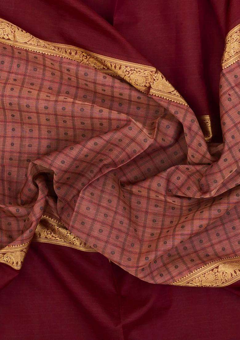 Peach Handloom Muppagam Silk Cotton Saree With Checks Buttas With Buttas And Brocade Design For Women - Indya