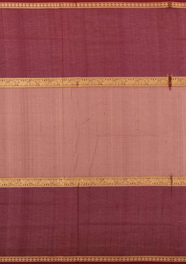 Peach Handloom Muppagam Silk Cotton Saree With Checks Buttas With Buttas And Brocade Design For Women - Indya