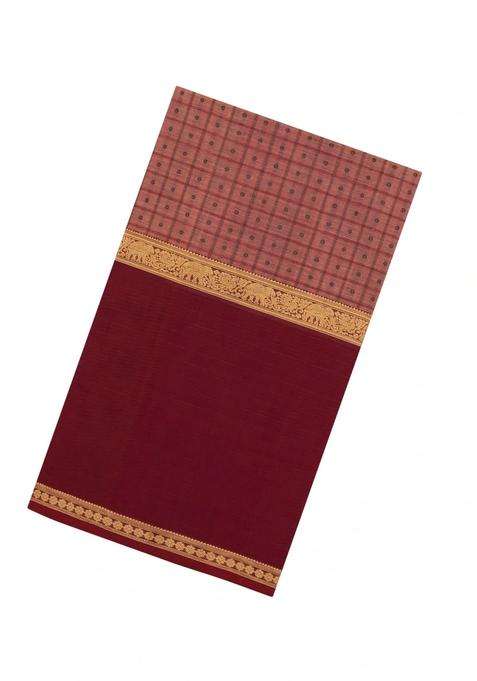 Peach Handloom Muppagam Silk Cotton Saree With Checks Buttas With Buttas And Brocade Design For Women