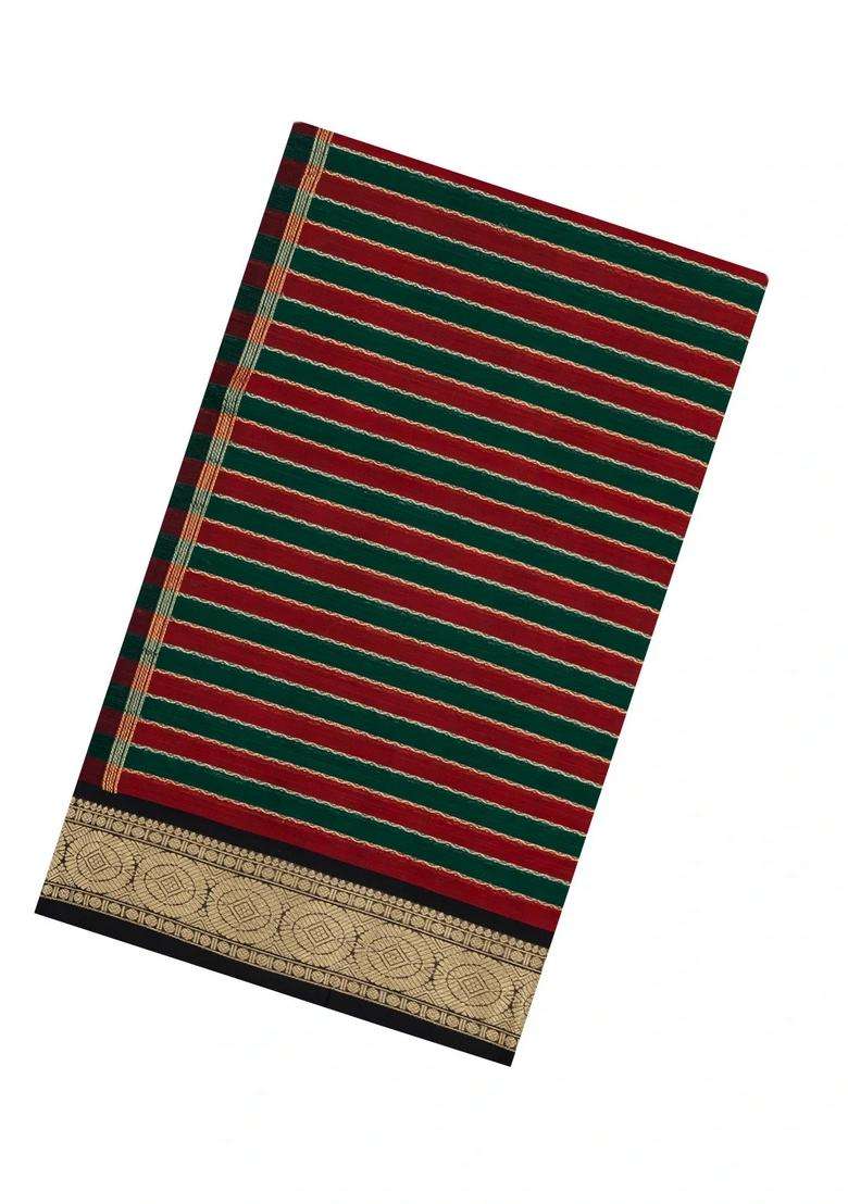 Bottle Green Maroon Handloom Soft Silk Cotton Saree With Veldhari Stripes With Checks And Stripes Design For Women - Indya