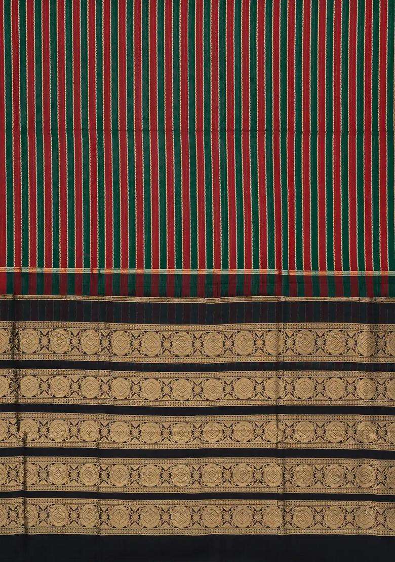 Bottle Green Maroon Handloom Soft Silk Cotton Saree With Veldhari Stripes With Checks And Stripes Design For Women - Indya
