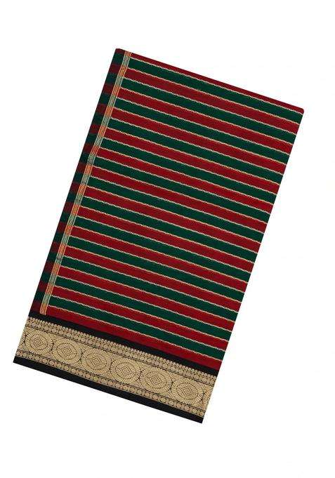 Bottle Green Maroon Handloom Soft Silk Cotton Saree With Veldhari Stripes With Checks And Stripes Design For Women