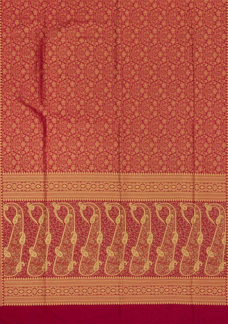 Crimson Woven Art Dupion Art Silk Saree With Floral Zari Motifs With Buttas And Brocade Design For Women - Indya