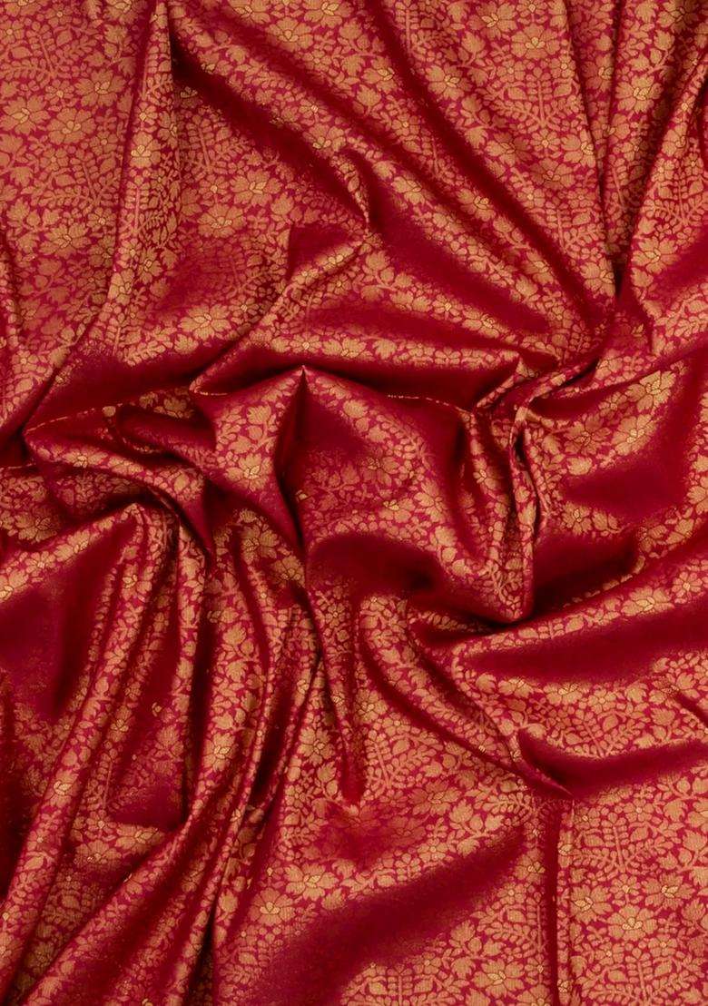 Crimson Woven Art Dupion Art Silk Saree With Floral Zari Motifs With Buttas And Brocade Design For Women - Indya