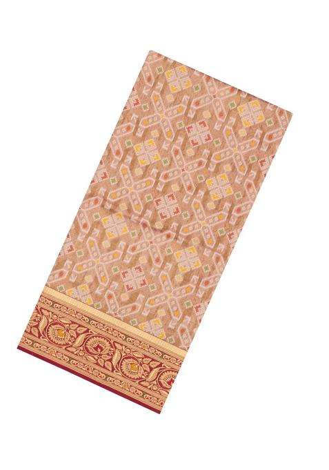 Peach Woven Art Dupion Tissue Saree With Tie Dye Motifs With Buttas And Brocade Design For Women