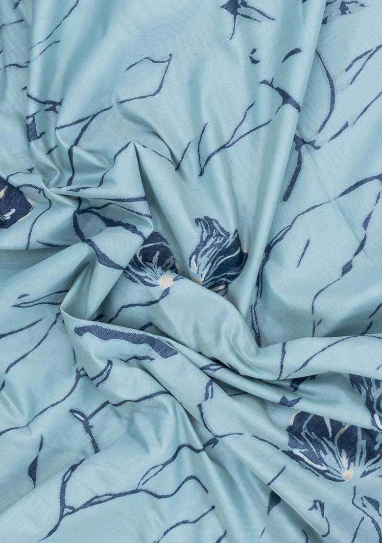 Grey Printed Blended Chanderi Silk Cotton Saree With Floral Motifs For Women - Indya