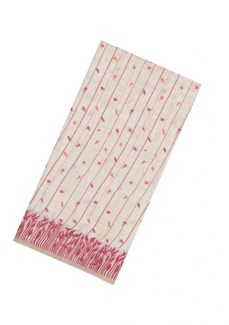 Cream Woven Blended Chanderi Silk Cotton Saree With Floral Motifs With Buttas And Brocade Design For Women - Indya