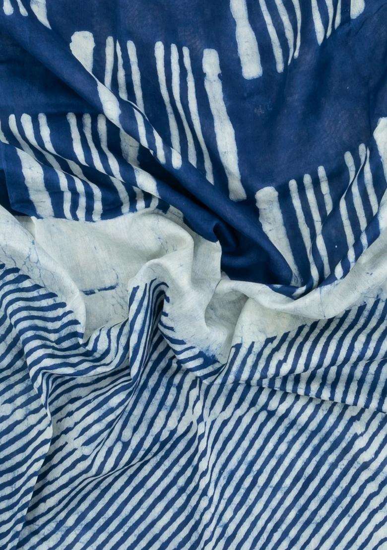 Indigo Printed Jaipur Cotton Saree With Tie Dye Motifs For Women - Indya
