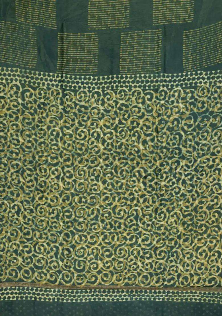 Dark Green Printed Jaipur Cotton Saree With Tie Dye Motifs For Women - Indya