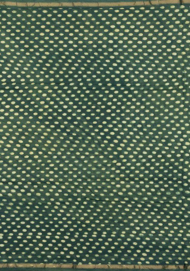 Dark Green Printed Jaipur Cotton Saree With Tie Dye Motifs For Women - Indya
