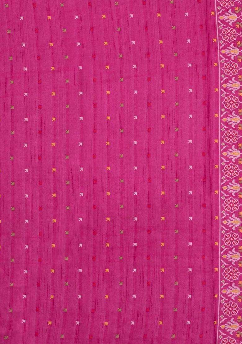 Magenta Woven Art Dupion Art Silk Saree With Tie Dye Motifs With Buttas And Brocade Design For Women - Indya