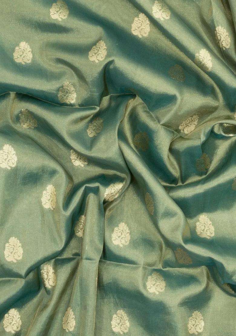 Aquamarine Woven Art Tissue Dupion Saree With Floral Zari Buttas With Buttas And Brocade Design For Women - Indya