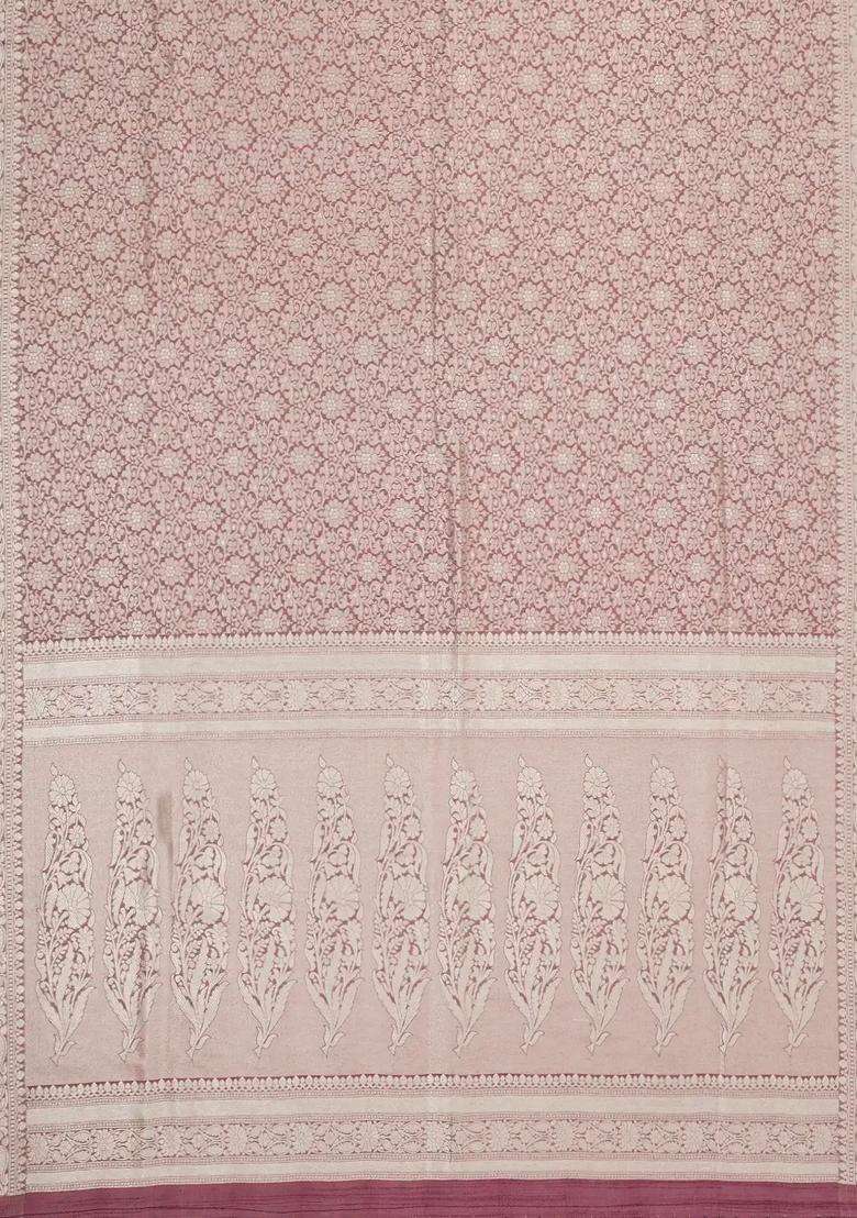 Dusty Pink Woven Art Dupion Art Silk Saree With Floral Zari Motifs With Buttas And Brocade Design For Women - Indya