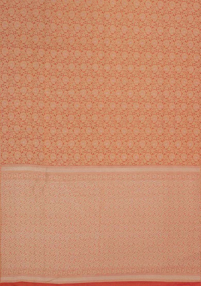 Peach Woven Art Dupion Art Silk Saree With Floral Zari Motifs With Buttas And Brocade Design For Women - Indya