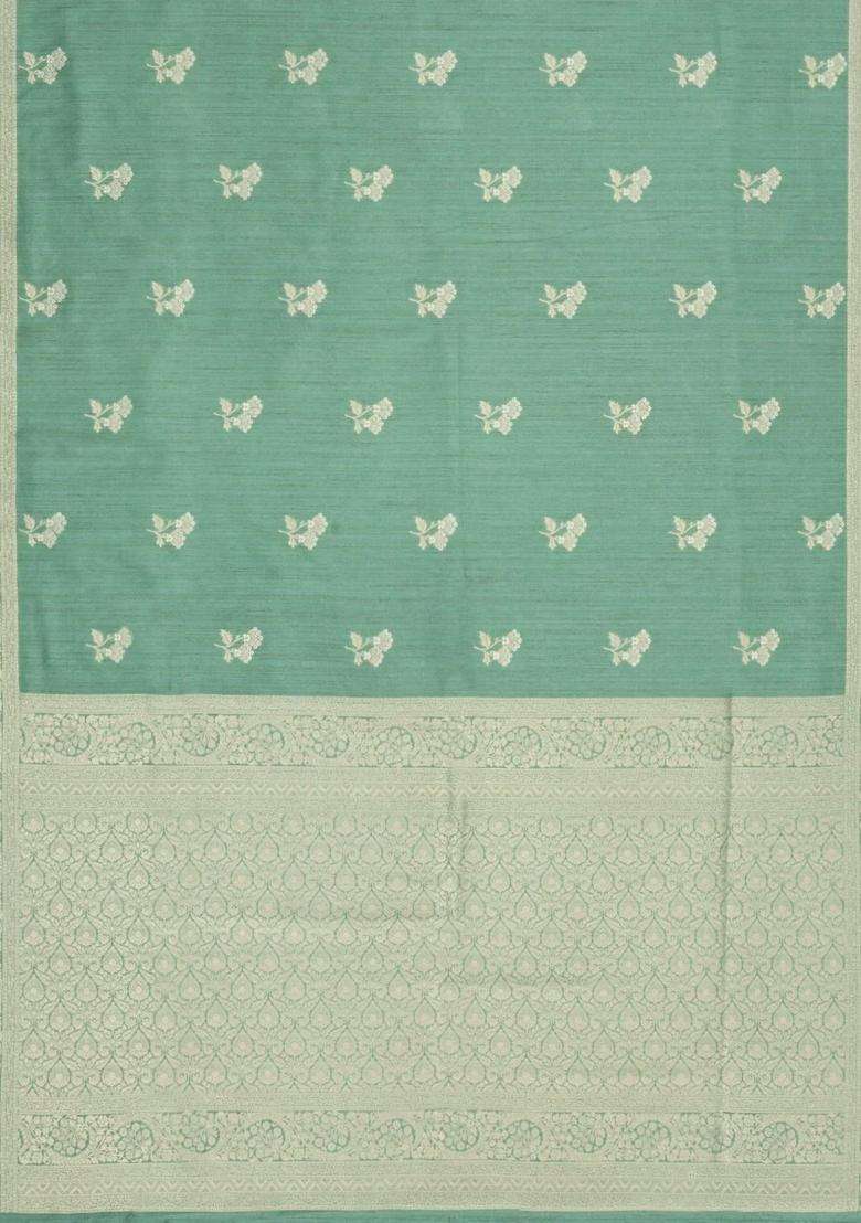 Aquamarine Woven Art Dupion Art Silk Saree With Floral Zari Buttas With Buttas And Brocade Design For Women - Indya
