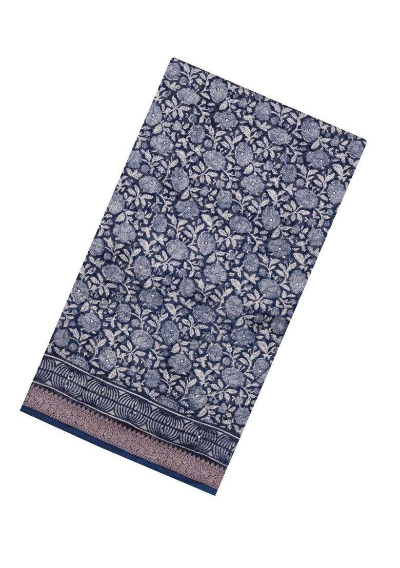 Indigo Printed Chanderi Cotton Saree With Floral Motifs Sequin Work With Embroidered Design For Women - Indya