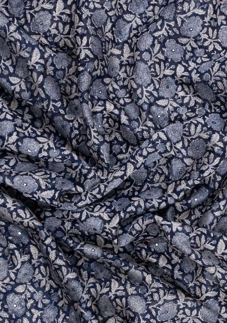 Indigo Printed Chanderi Cotton Saree With Floral Motifs Sequin Work With Embroidered Design For Women - Indya