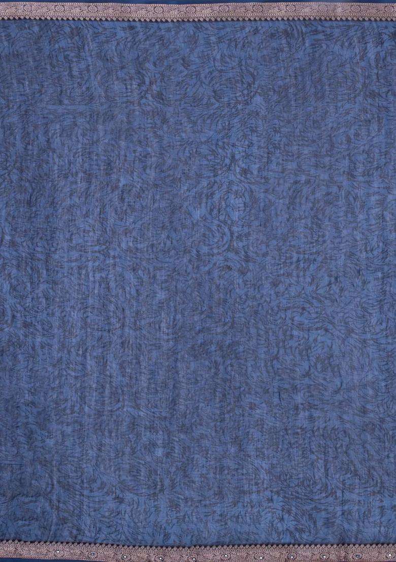 Indigo Printed Chanderi Cotton Saree With Floral Motifs Sequin Work With Embroidered Design For Women - Indya