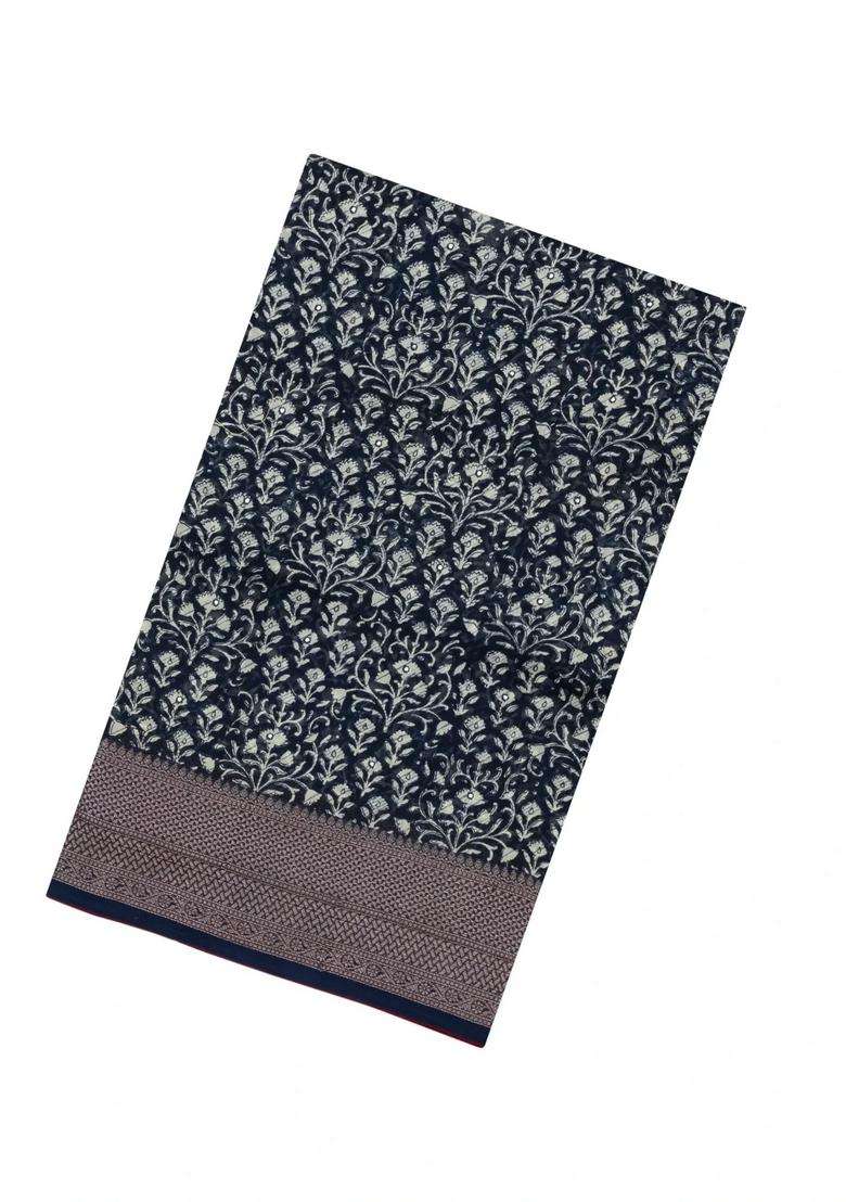 Midnight Blue Printed Chanderi Cotton Saree With Floral Motifs Sequin Work With Embroidered Design For Women - Indya