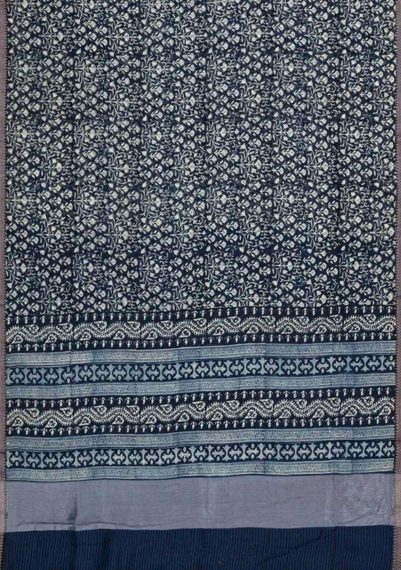 Midnight Blue Printed Chanderi Cotton Saree With Floral Motifs Sequin Work With Embroidered Design For Women - Indya