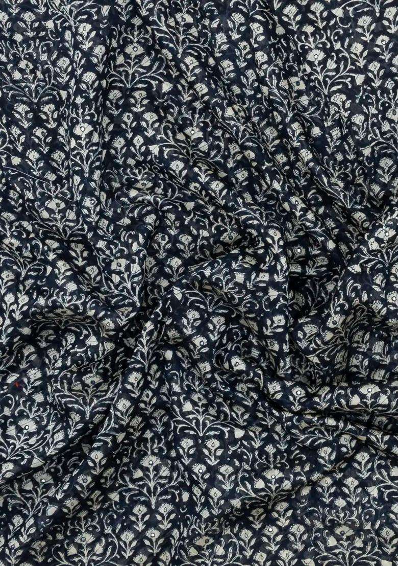 Midnight Blue Printed Chanderi Cotton Saree With Floral Motifs Sequin Work With Embroidered Design For Women - Indya