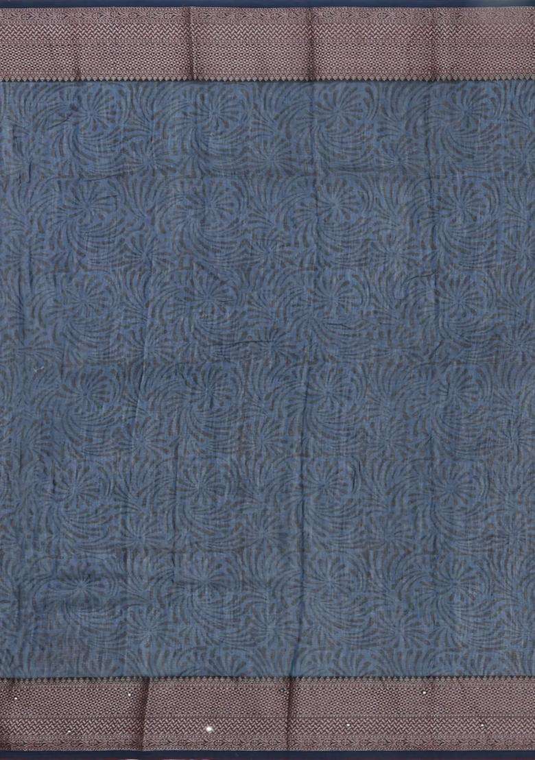 Midnight Blue Printed Chanderi Cotton Saree With Floral Motifs Sequin Work With Embroidered Design For Women - Indya