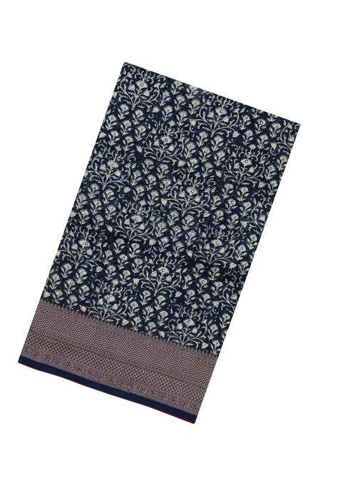 Midnight Blue Printed Chanderi Cotton Saree With Floral Motifs Sequin Work With Embroidered Design For Women