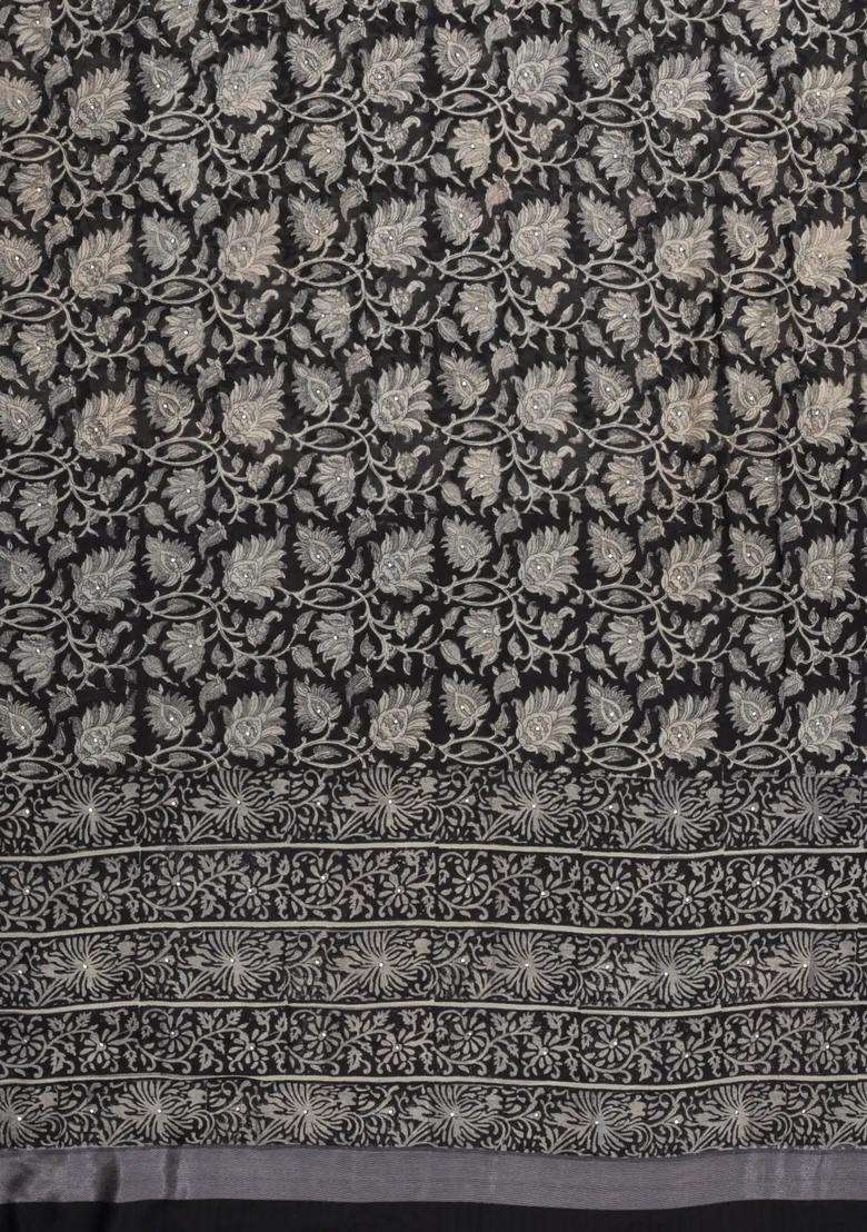 Black Printed Chanderi Cotton Saree With Floral Motifs Sequin Work With Embroidered Design For Women - Indya