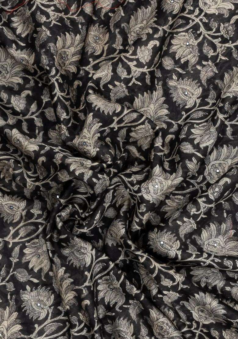 Black Printed Chanderi Cotton Saree With Floral Motifs Sequin Work With Embroidered Design For Women - Indya