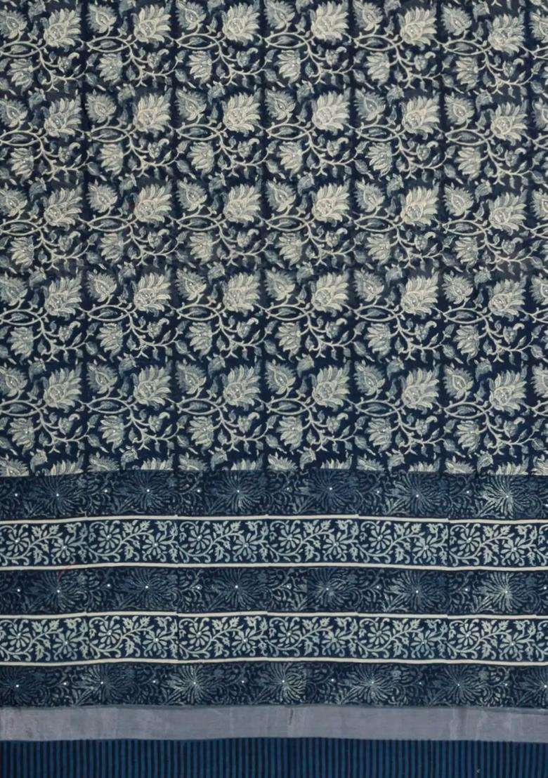 Steel Blue Printed Chanderi Cotton Saree With Floral Motifs Sequin Work With Embroidered Design For Women - Indya