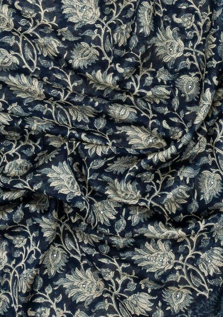 Steel Blue Printed Chanderi Cotton Saree With Floral Motifs Sequin Work With Embroidered Design For Women - Indya