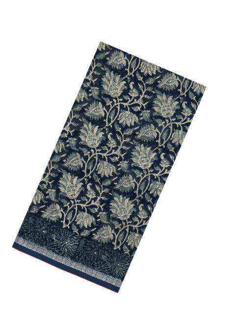 Steel Blue Printed Chanderi Cotton Saree With Floral Motifs Sequin Work With Embroidered Design For Women