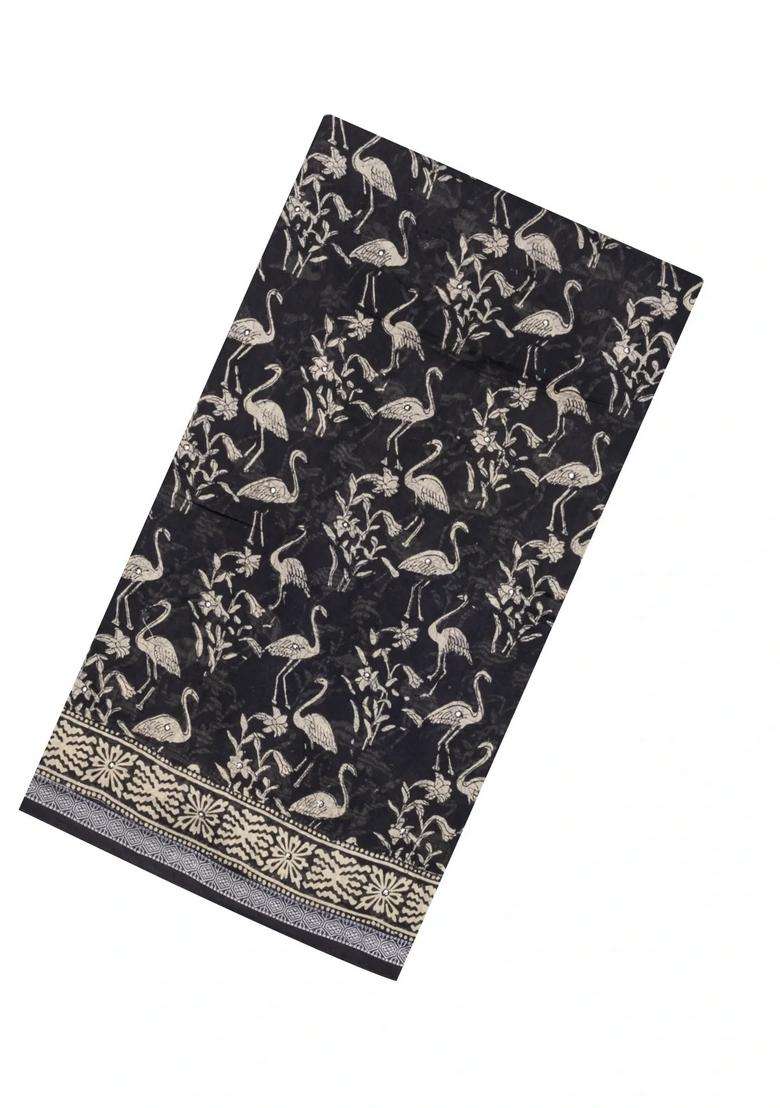 Black Printed Chanderi Cotton Saree With Bird Motifs Sequin Work With Embroidered Design For Women - Indya