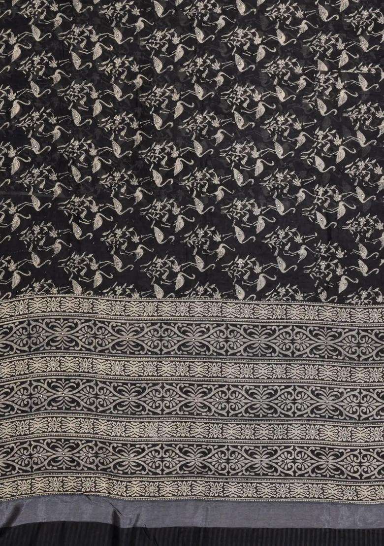 Black Printed Chanderi Cotton Saree With Bird Motifs Sequin Work With Embroidered Design For Women - Indya
