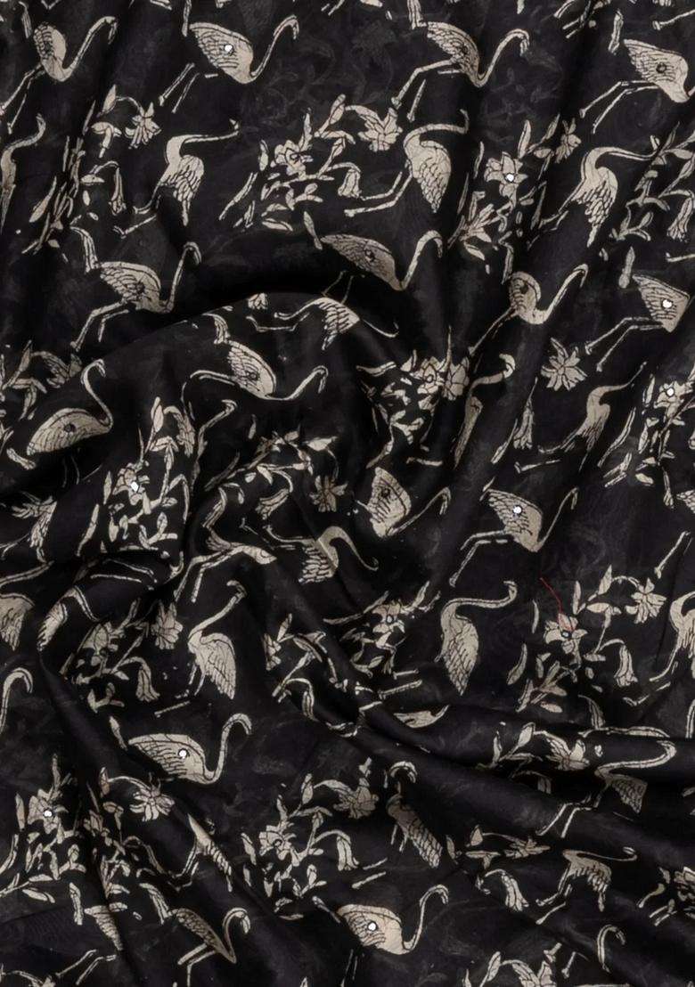 Black Printed Chanderi Cotton Saree With Bird Motifs Sequin Work With Embroidered Design For Women - Indya