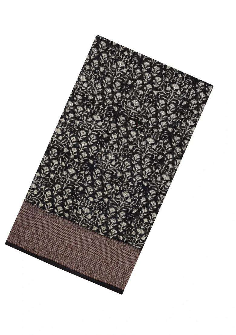 Black Printed Chanderi Cotton Saree With Floral Motifs Sequin Work With Embroidered Design For Women - Indya