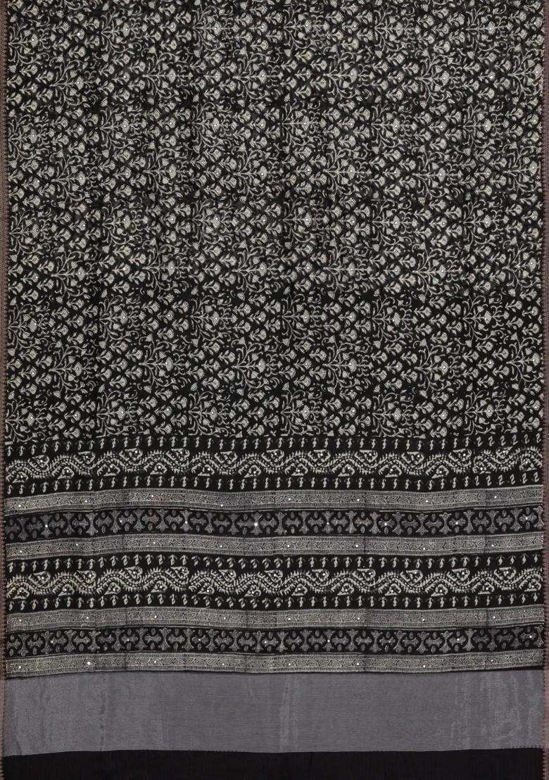 Black Printed Chanderi Cotton Saree With Floral Motifs Sequin Work With Embroidered Design For Women - Indya