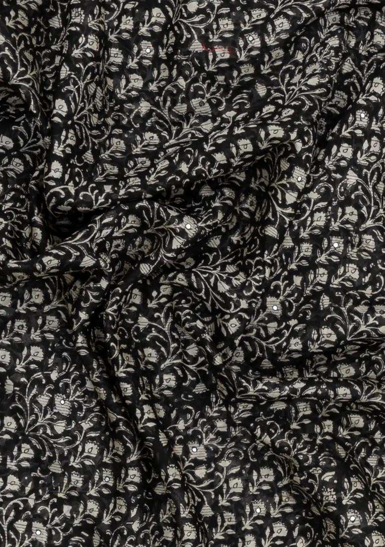 Black Printed Chanderi Cotton Saree With Floral Motifs Sequin Work With Embroidered Design For Women - Indya