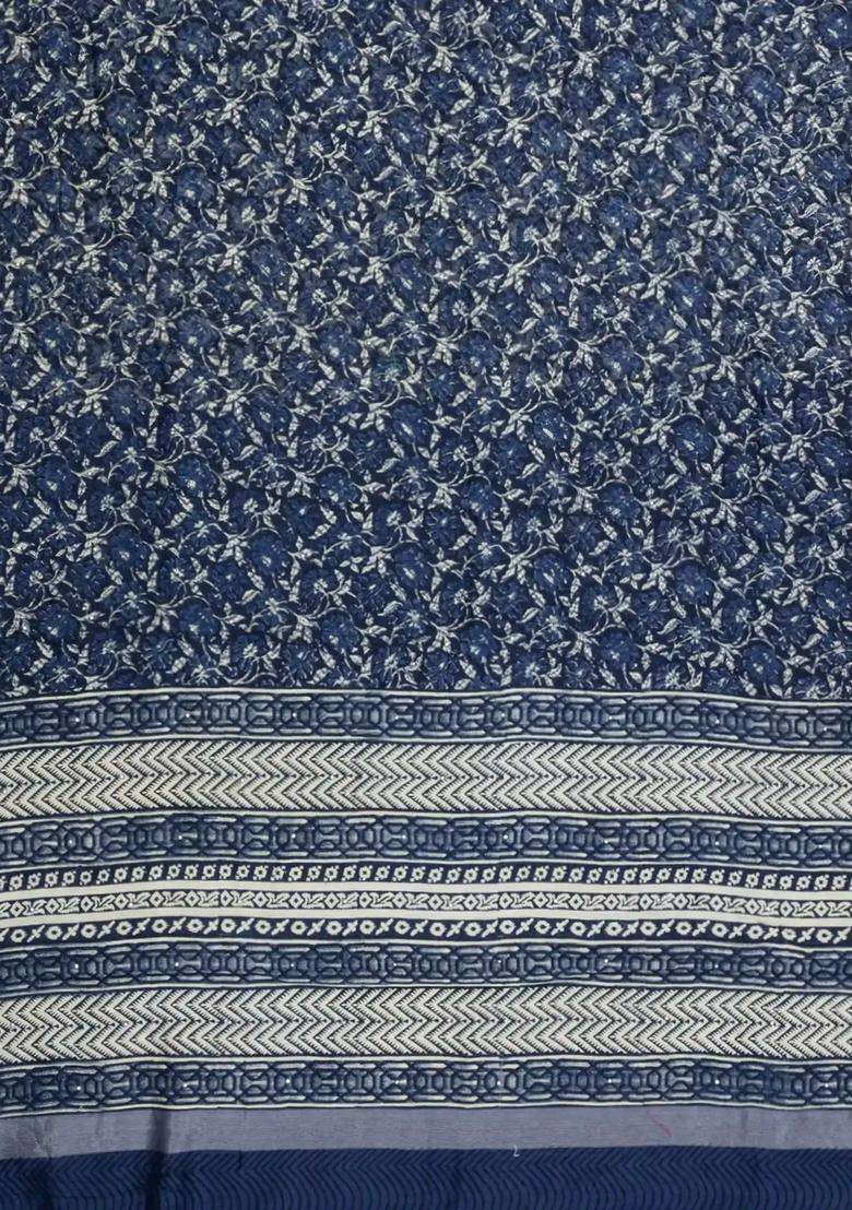 Indigo Printed Chanderi Cotton Saree With Floral Motifs Sequin Work With Embroidered Design For Women - Indya