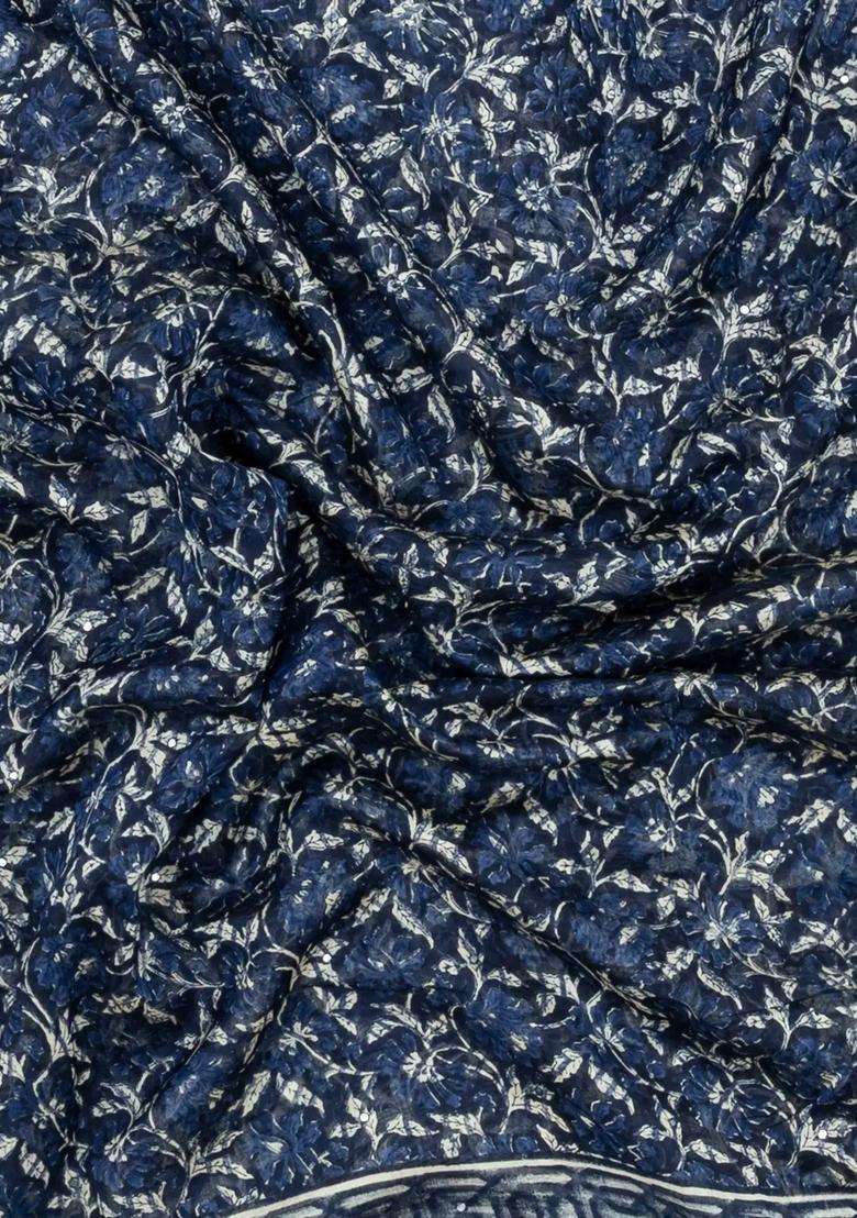 Indigo Printed Chanderi Cotton Saree With Floral Motifs Sequin Work With Embroidered Design For Women - Indya