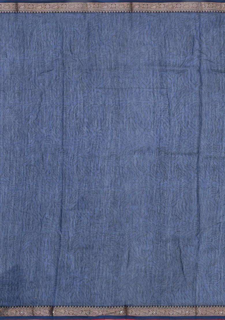 Indigo Printed Chanderi Cotton Saree With Floral Motifs Sequin Work With Embroidered Design For Women - Indya