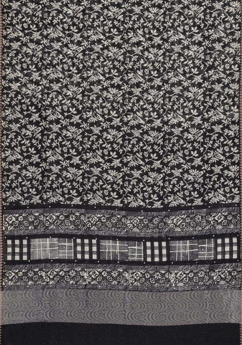 Black Printed Chanderi Cotton Saree With Bird Motifs Sequin Work With Embroidered Design For Women - Indya