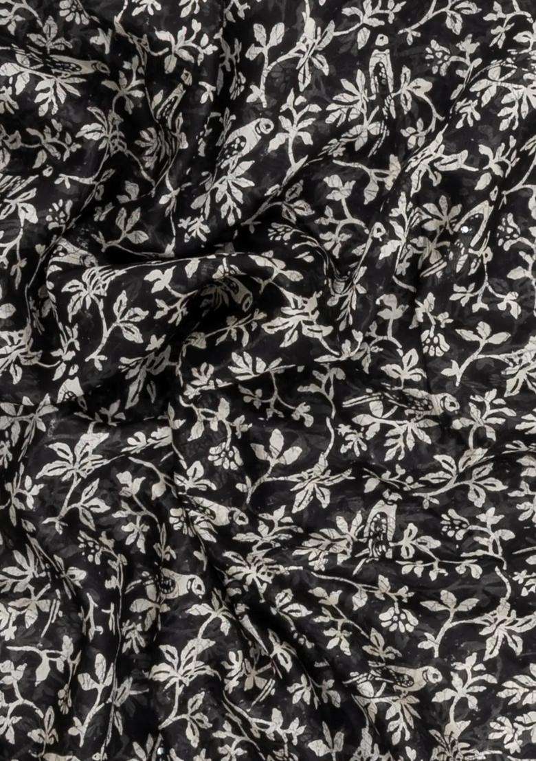 Black Printed Chanderi Cotton Saree With Bird Motifs Sequin Work With Embroidered Design For Women - Indya