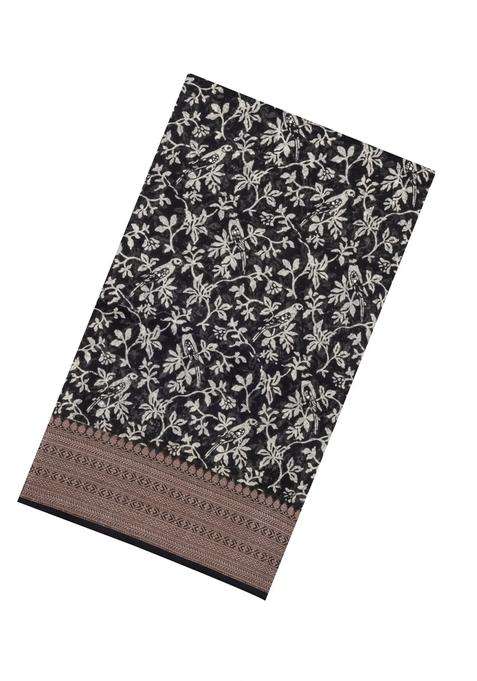Black Printed Chanderi Cotton Saree With Bird Motifs Sequin Work With Embroidered Design For Women